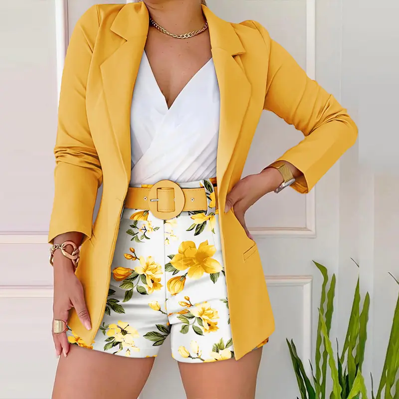 2026 Women's Long Sleeve Blazer & Floral Print Shorts Wedding Guest Set With Belt Wedding