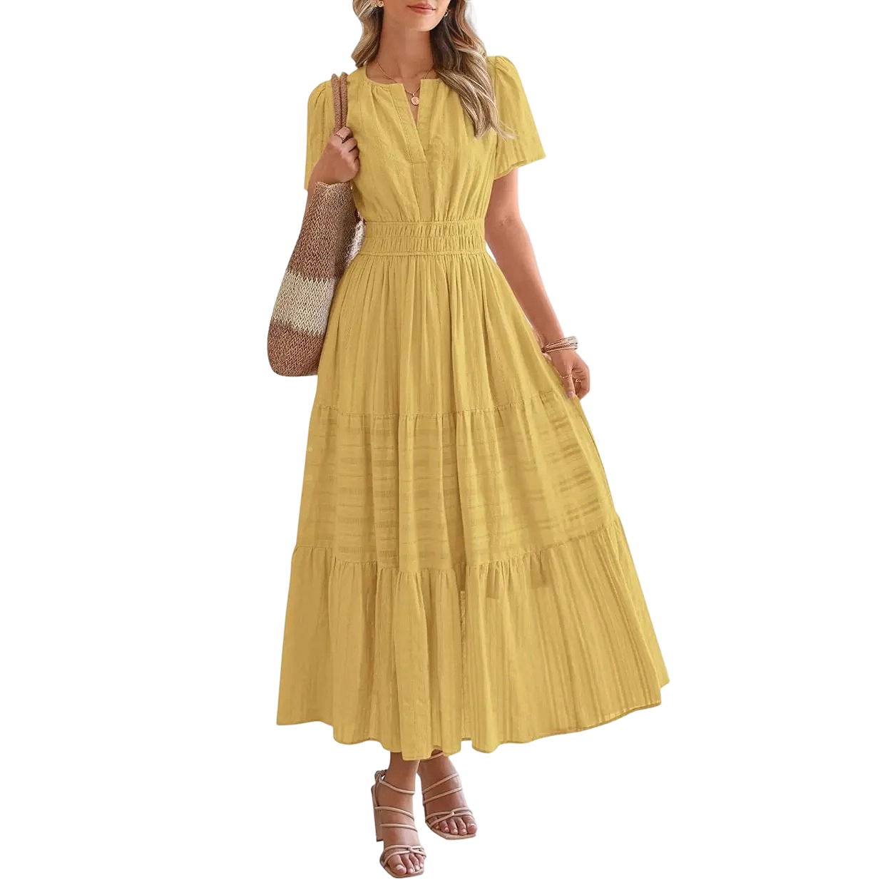 Women's Summer 2026 Casual Maxi Dress Lightweight Short Sleeve V Neck Boho Dress with Pockets