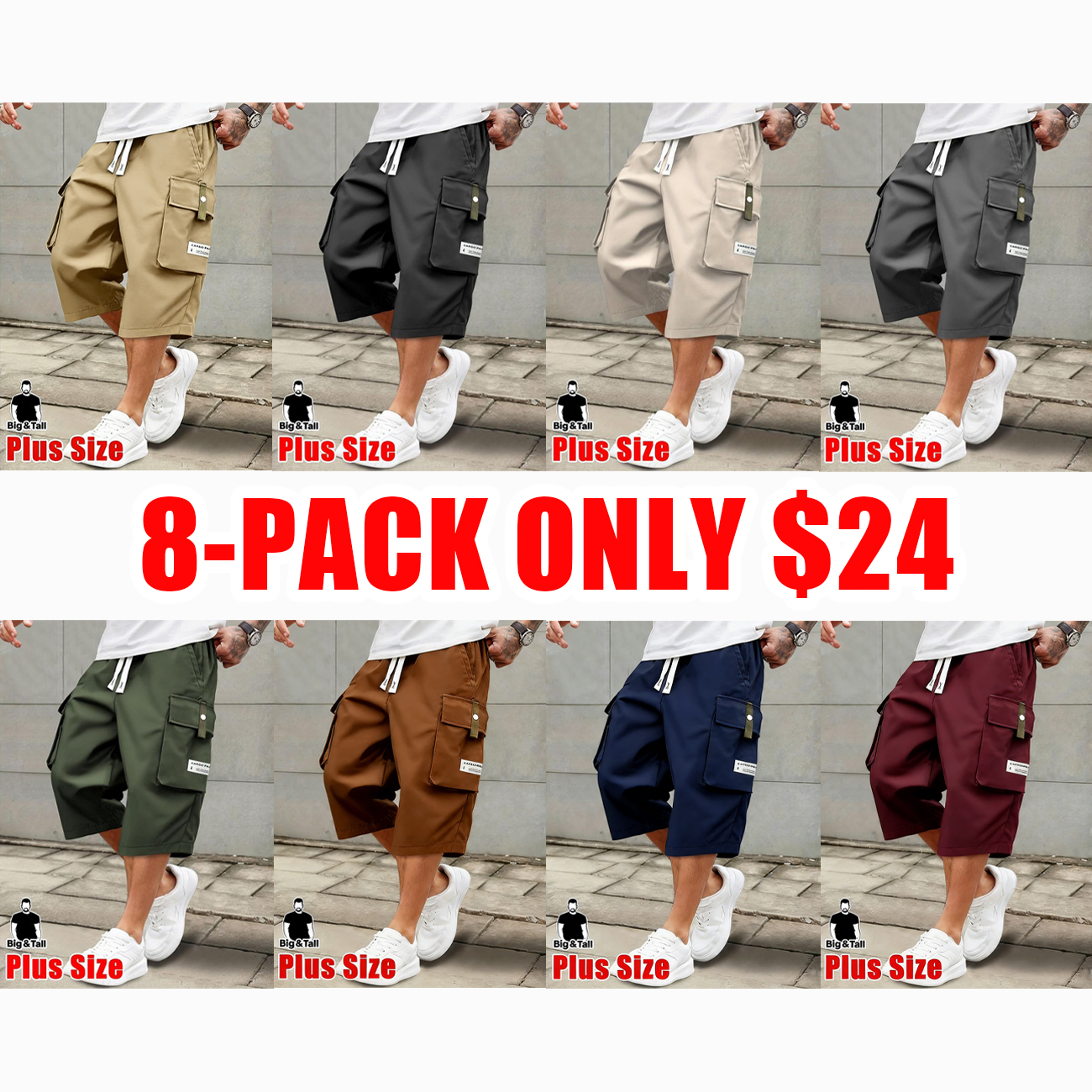 Men’s Plus Size Lightweight Cargo Pants with Drawstring Waist