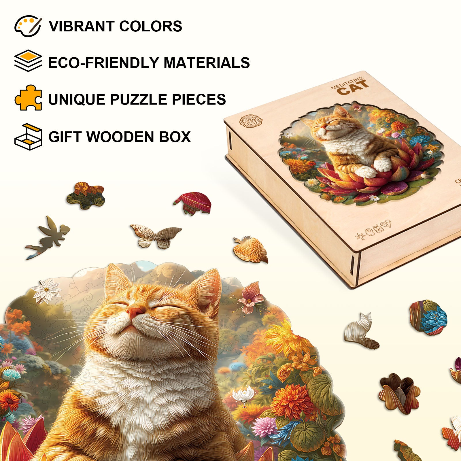 Meditating Cat Wooden Jigsaw Puzzle