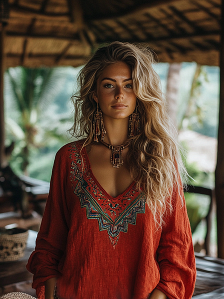 Retro Boho Tribal Art Embroidery Print Cotton And Linen V-neck Loose Shirt b5a4