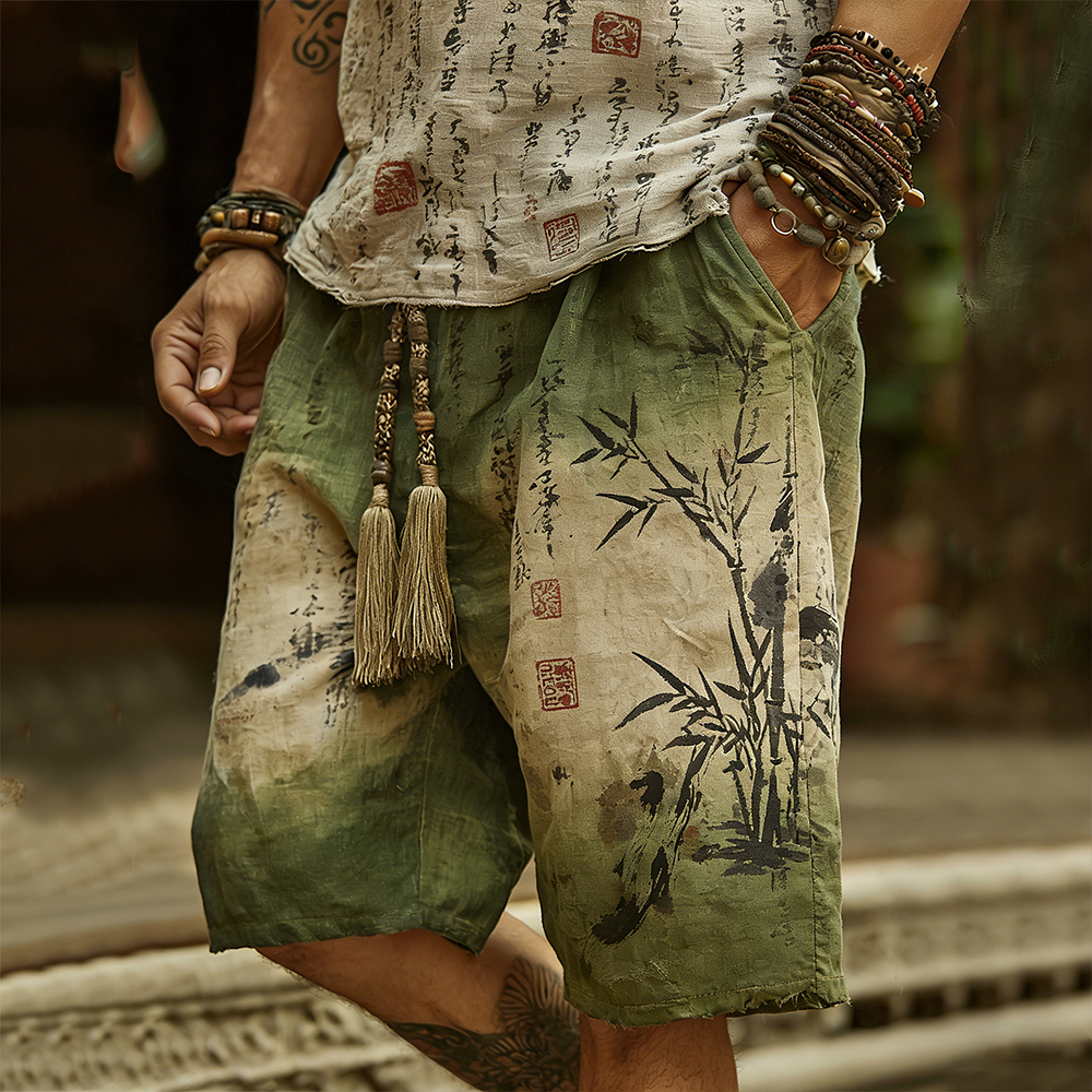 Japanese Art Bamboo Forest Ink Dyeing Art Tie-dye Shorts