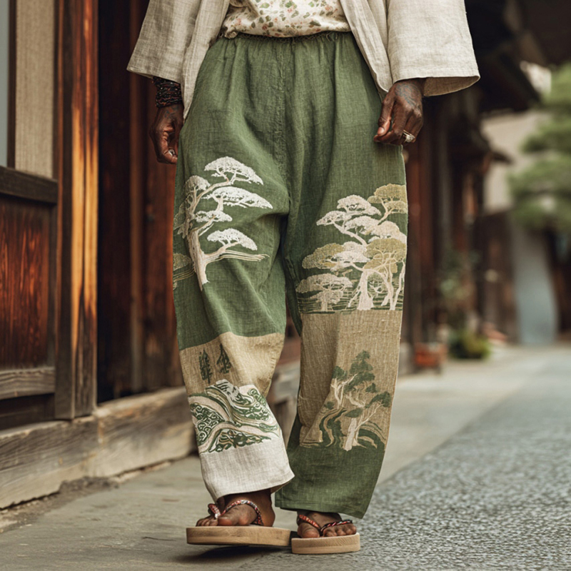Men's Retro Japanese Tree Print Linen Casual Pants