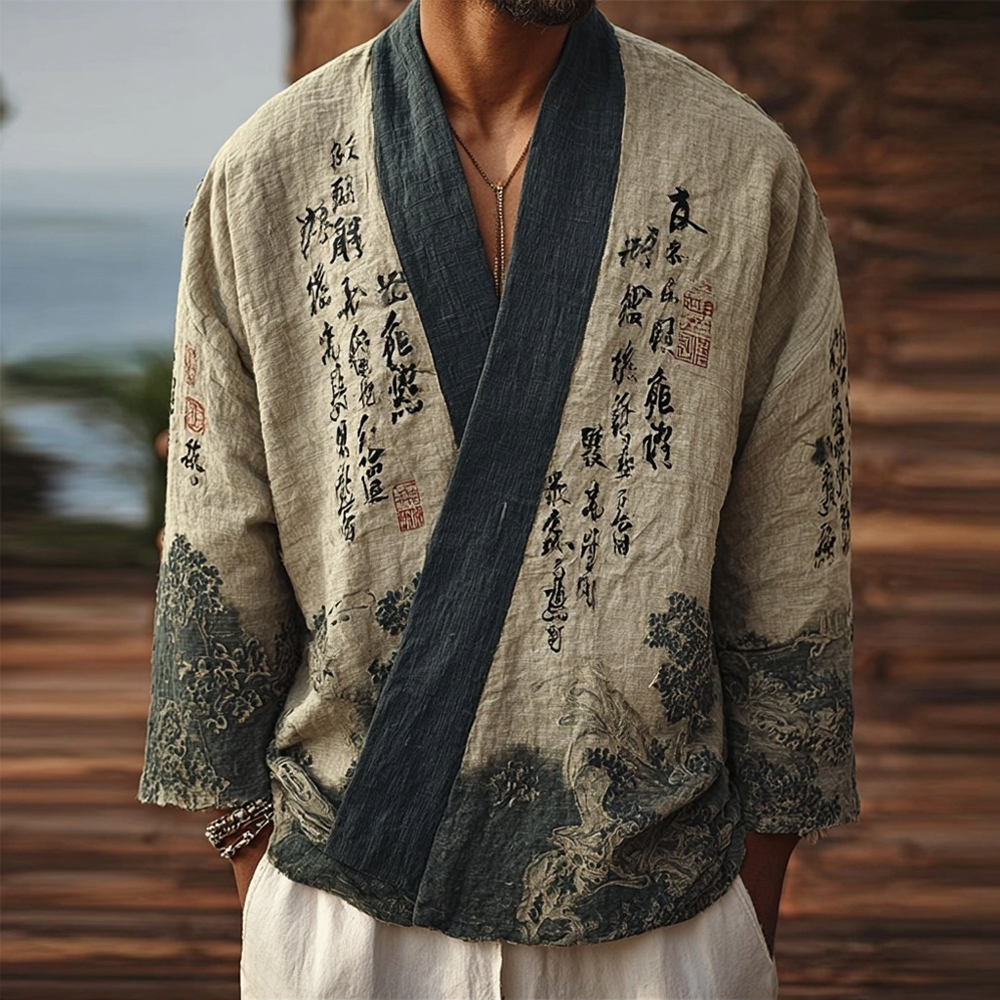 Men's Japanese Landscape Calligraphy Art Cozy Linen Kimono