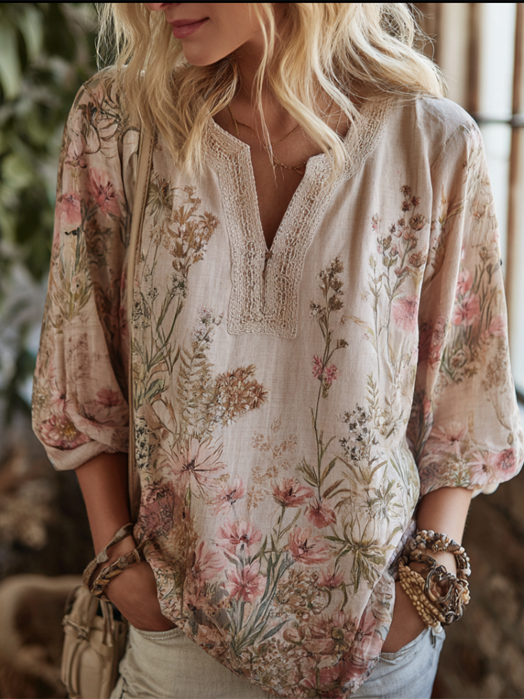 Retro Cotton And Linen Plant Flower Bohemian Style Women's V-neck Top