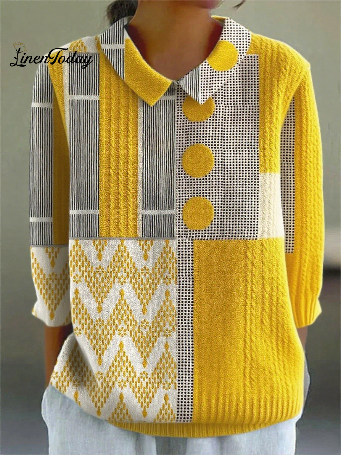 Women's Vintage Abstract Geometric Art Print Casual Peter Pan Collar 3/4 Sleeve Sweater