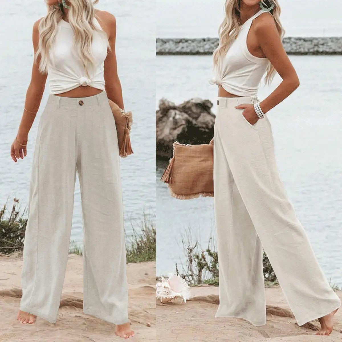 Women's Cotton Linen Pants | Summer 2026 Trendy High Waisted Wide Leg