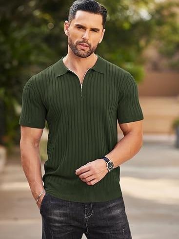 Men's Zipper Polo Shirts Short Sleeve Ribbed Knit Polo T Shirts Fashion Casual Golf Shirts