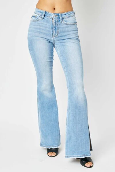 Blue Full Size Mid Rise Raw Hem Slit Flare Jeans