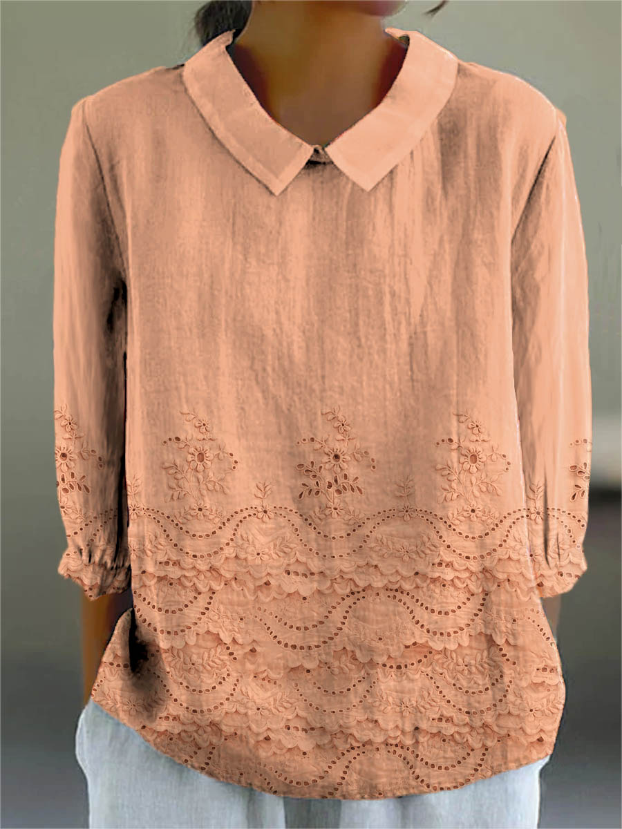 Women's Vintage Floral Pattern Art Print Casual Cotton And Linen 3/4 Sleeve Shirt