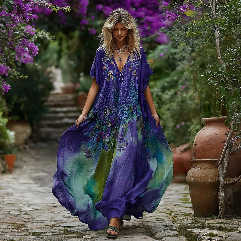 Women's Vintage Lupine Gradient Pattern V-neck Dress