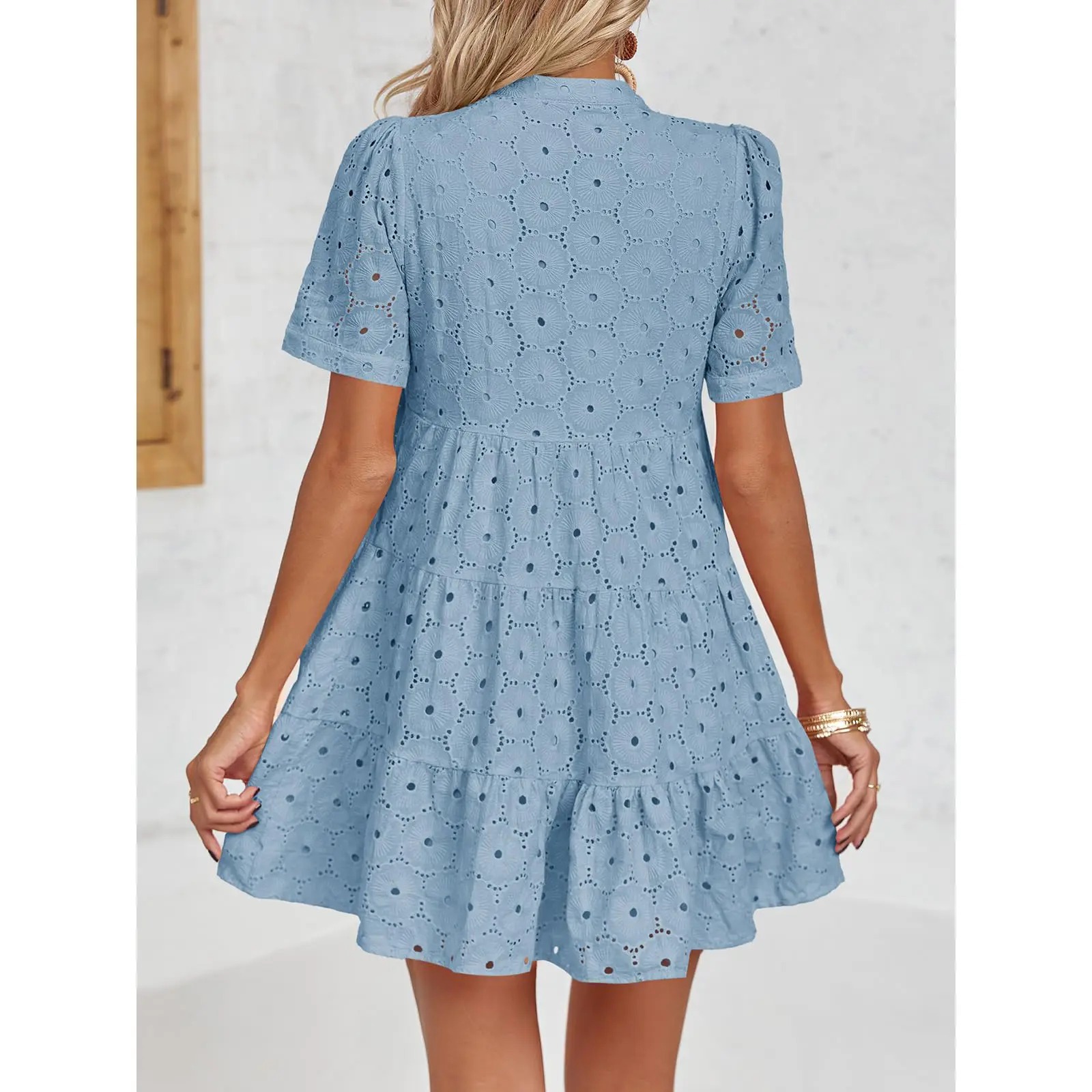 Women’s Eyelet Lace Summer Tunic Dress – Flowy V-Neck Babydoll Style