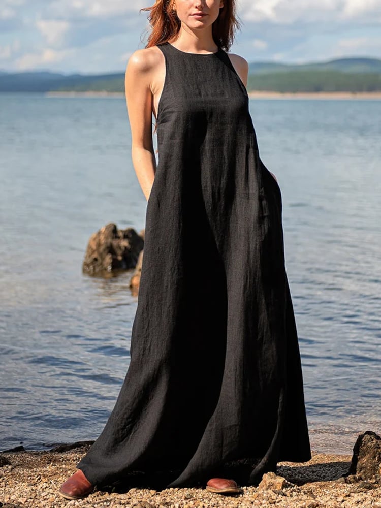 Women's Casual Solid Color Sleeveless Linen Long Dress  4544