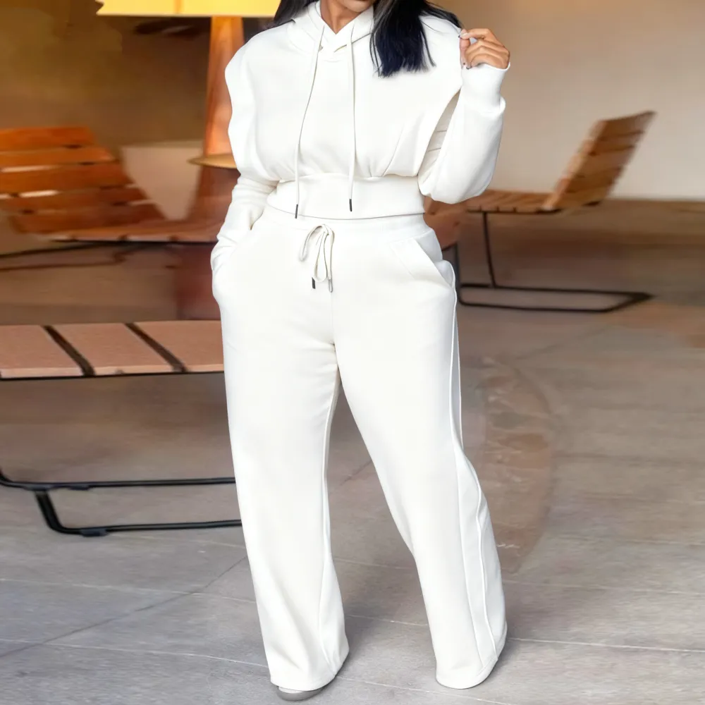 Hooded Long Sleeve Sweatshirt and Casual Wide Leg Sweatpants Set