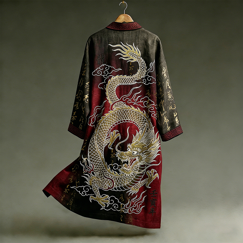 Retro Dragon With Calligraphy Pattern Contrast Color Design Casual Kimono