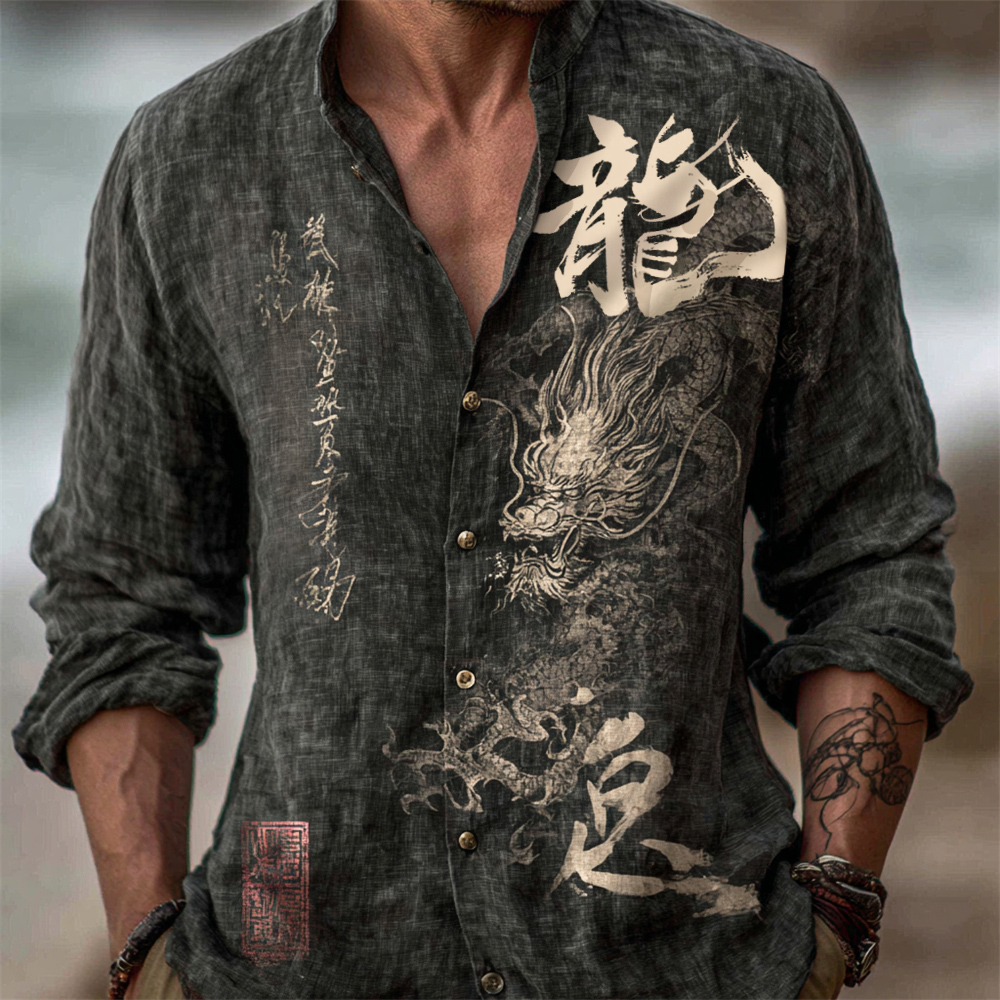 Japanese Zen-inspired Dragon Calligraphy Print Men's Linen Long-sleeve Shirt