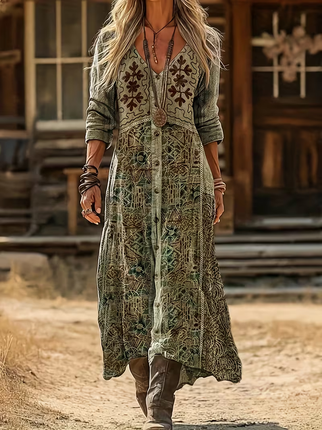 Women's Long Sleeve Spring/Fall As Picture Abstract Printing V Neck Daily Going Out Vintage Maxi H-Line Dress