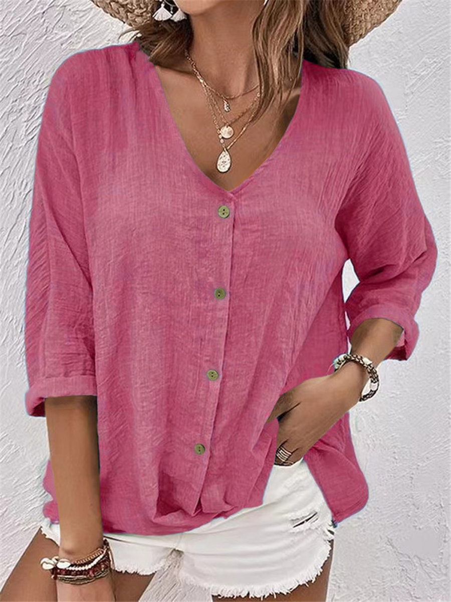 Women's V-neck Pullover Short Sleeve Loose-fit Shirt