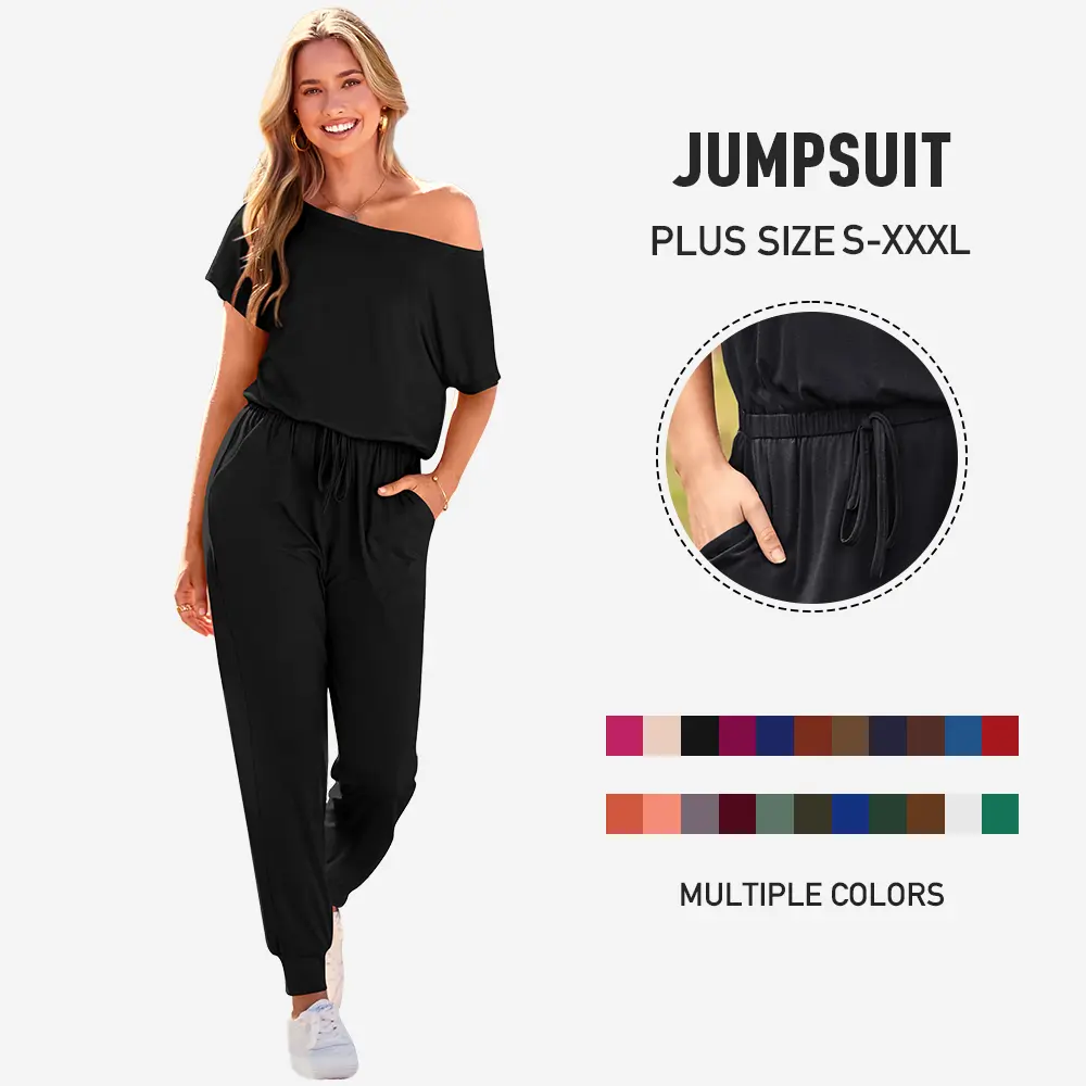 Women's Jumpsuit Plus Size S-5XL Off-Shoulder Elastic Waist Stretchy Loose Minimalist Comfy Clothes Casual Outdoor Lightweight Romper - Fabric - Womenswear Pants Style romper