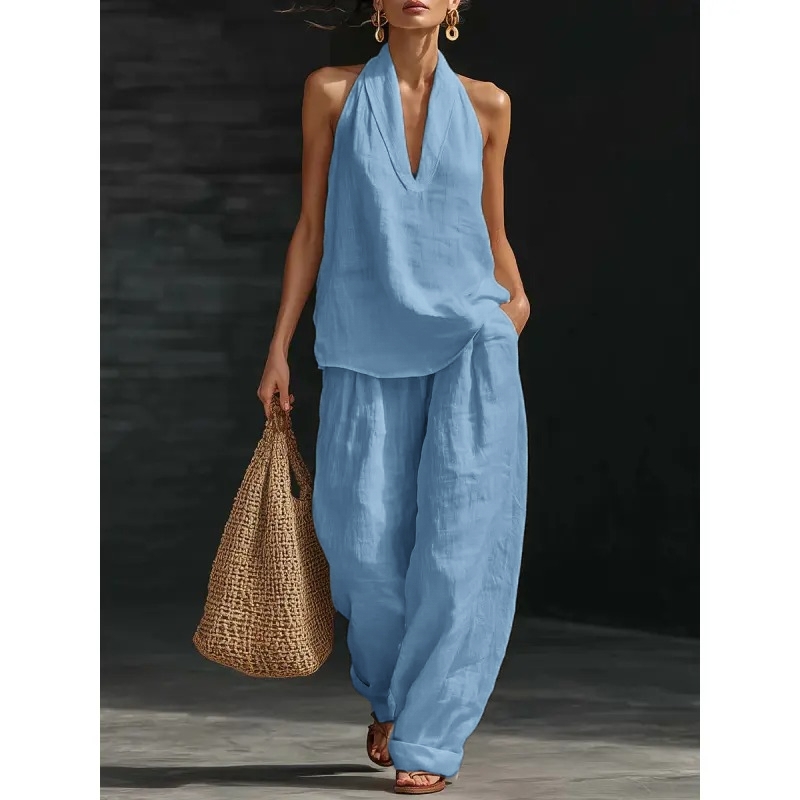 Women's Boho Linen 2 Piece Set - Halter Sleeveless Top & Wide Leg Pants for Beach, Vacation & Brunch