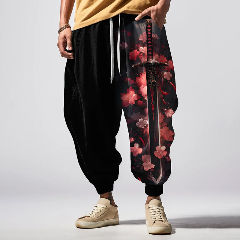 Men's Japanese-style Sword And Cherry Blossom Print Sweatpants