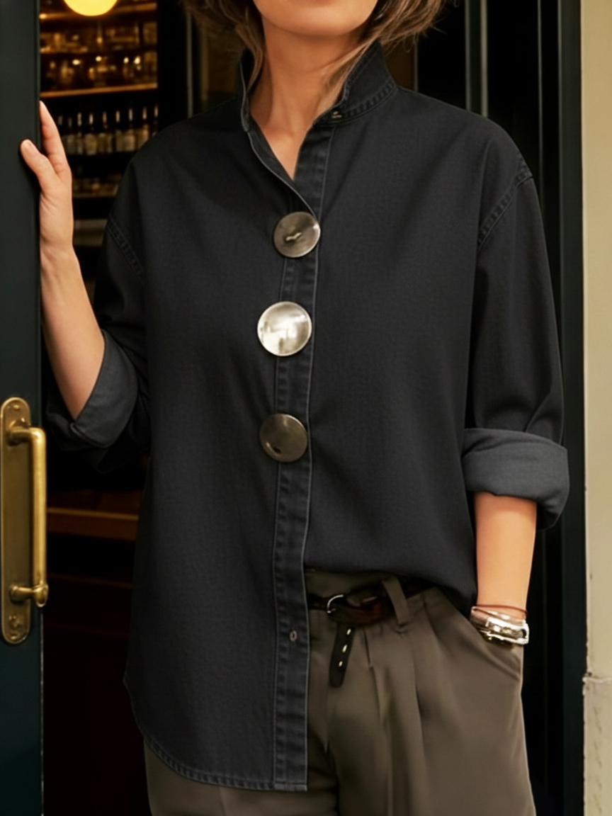 Stylish Stand-collar Metal Button Denim Shirt