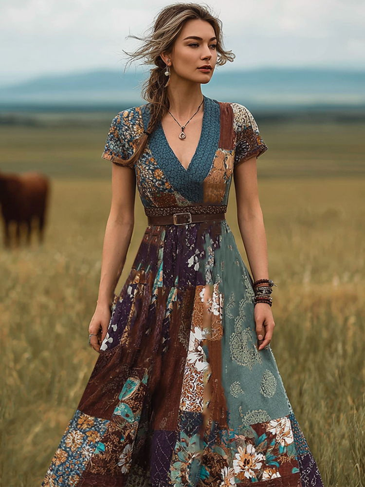 Bohemian Style Retro Floral Pattern Women's V-neck Dress