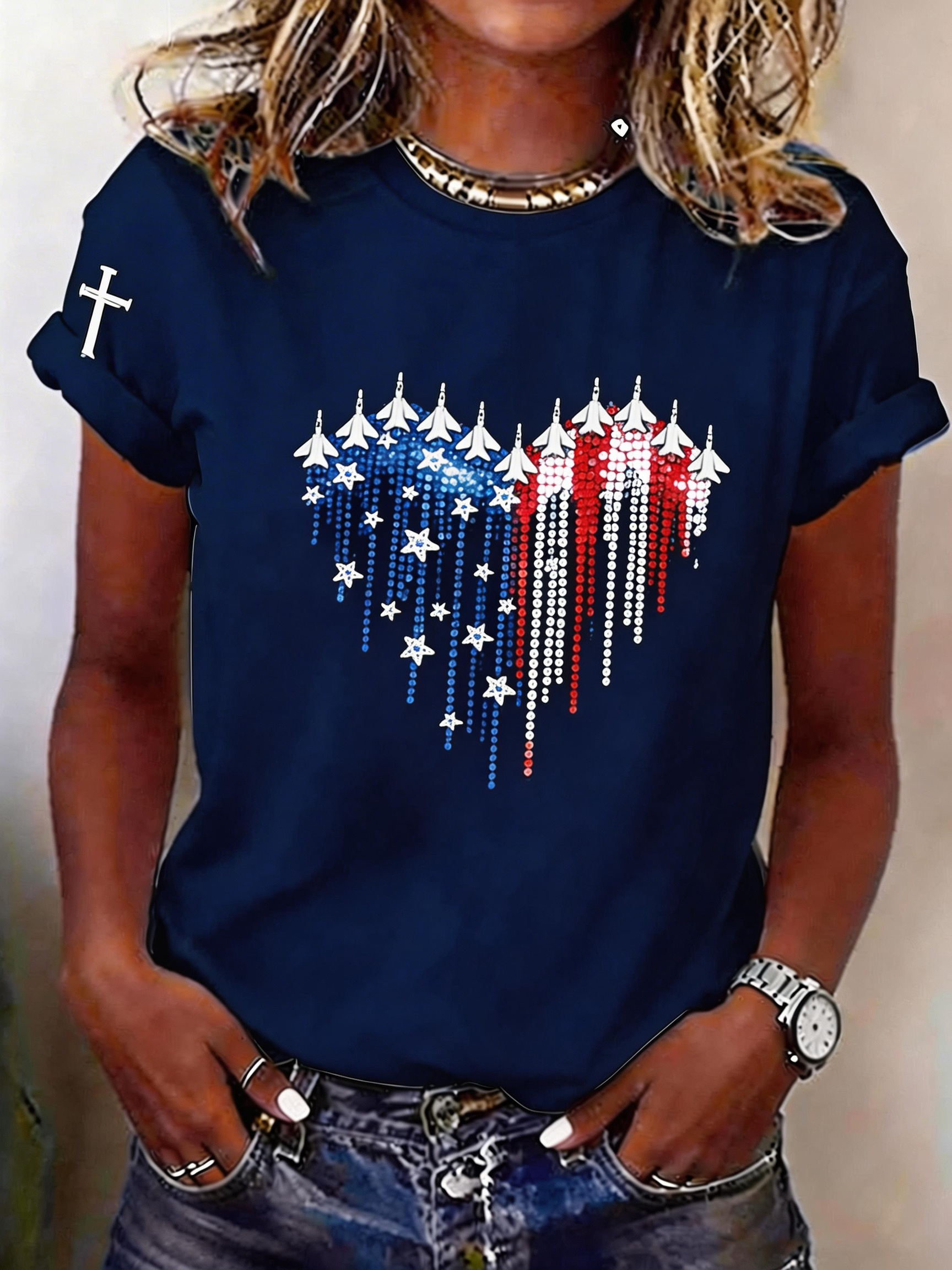 Women's Patriotic Faith & Freedom Heart Graphic Tee - Jet Fighter USA Flag Shirt