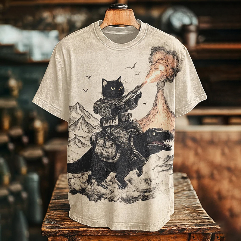 Men's Vintage Cat Riding Dinosaur Battle Print T-shirt