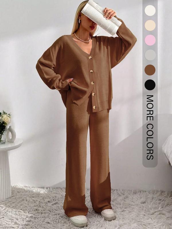 Women’s Cozy Knit Cardigan & Wide-Leg Pants Set – Relaxed Button-Up Lounge Outfit