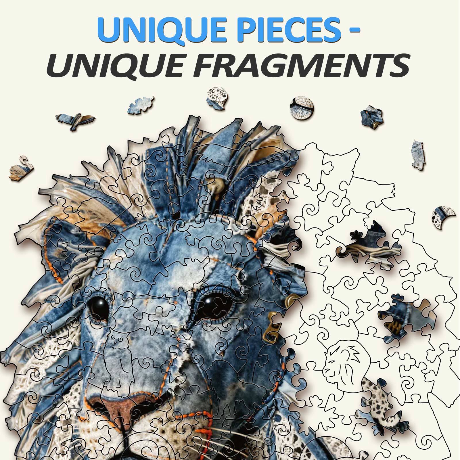 Denim Fabric Lion Wooden Jigsaw Puzzle