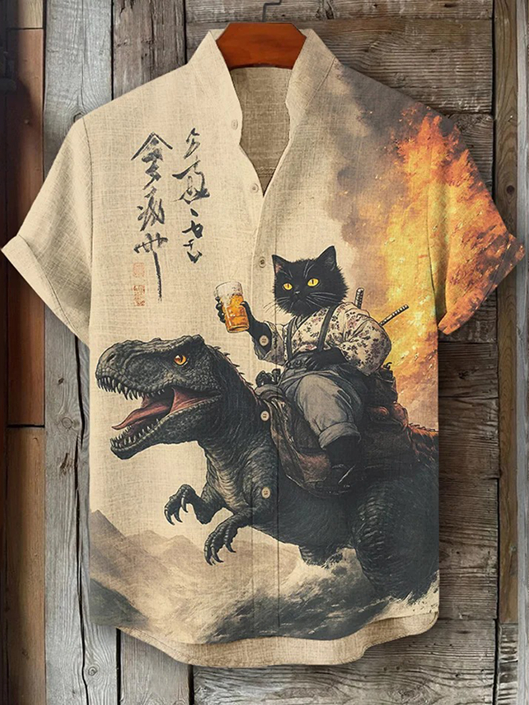 Men's Black Cat Samurai Dinosaur With Beer Print Short Sleeve Shirt
