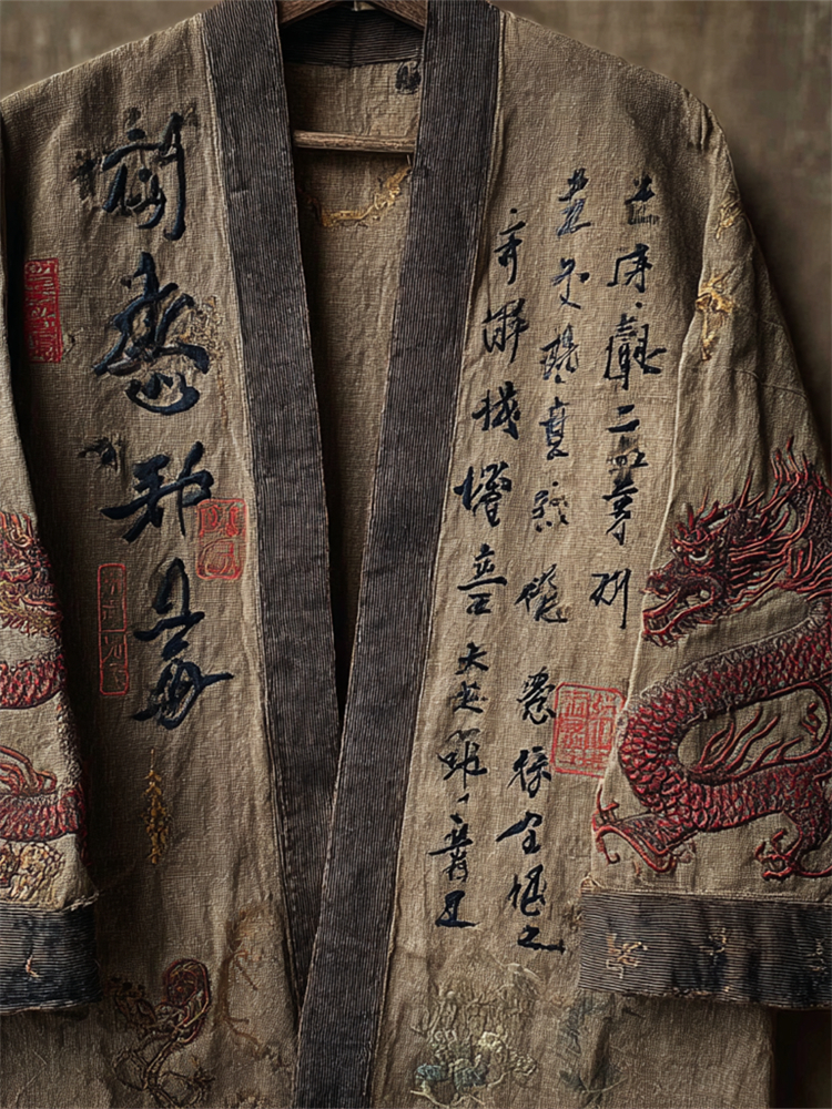 Japanese Gragons & Calligraphy Art Embroidered Linen Kimono Cardigan