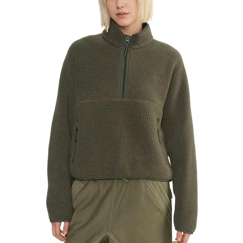 Women’s Fleece Cropped Pullover – Half Zip Sherpa Jacket with Pockets