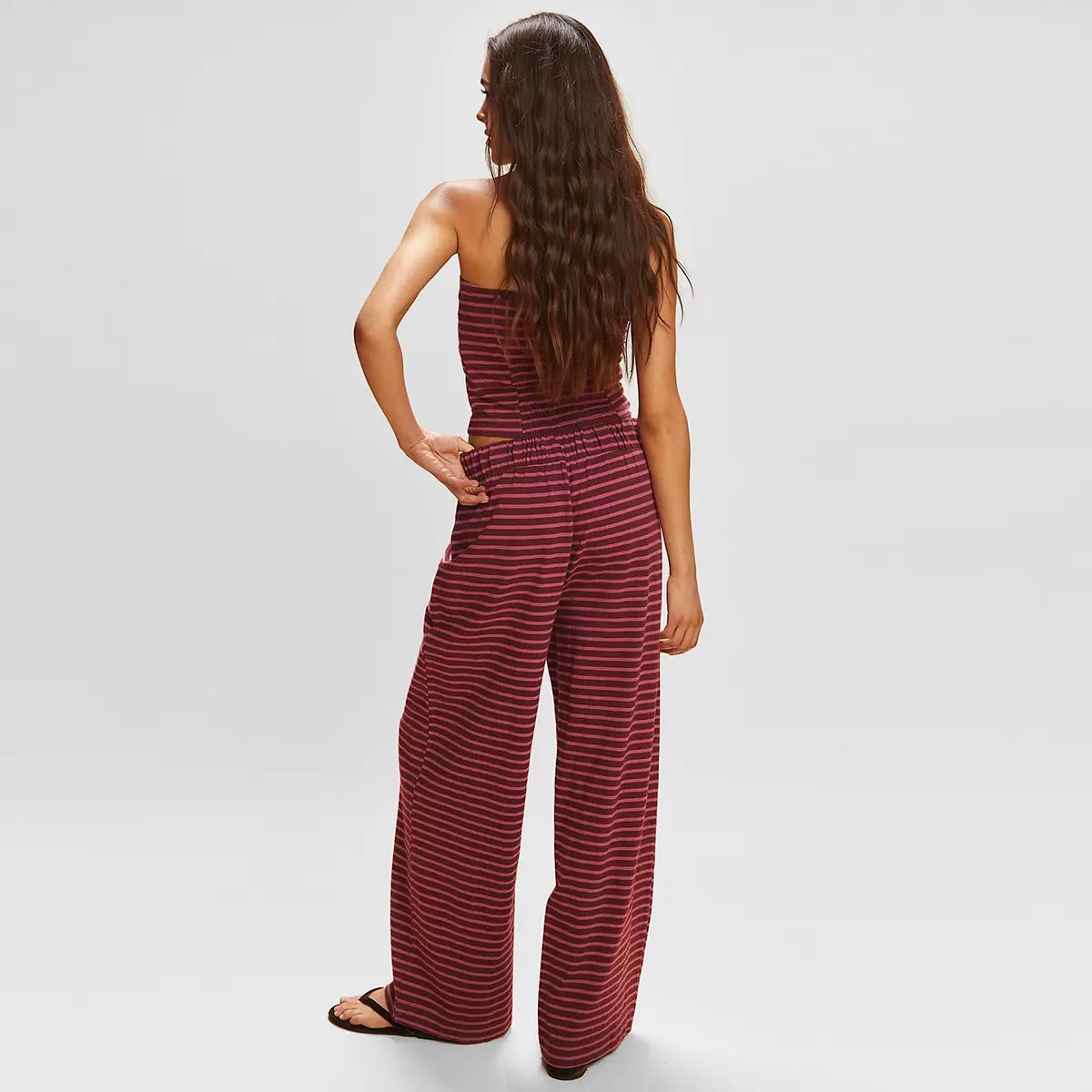 Women's Chic Color Matching Stripe Slim Tube Top & Low-Rise Wide Leg Trousers Co-ord, Soft Spring & Summer Holiday Outfits