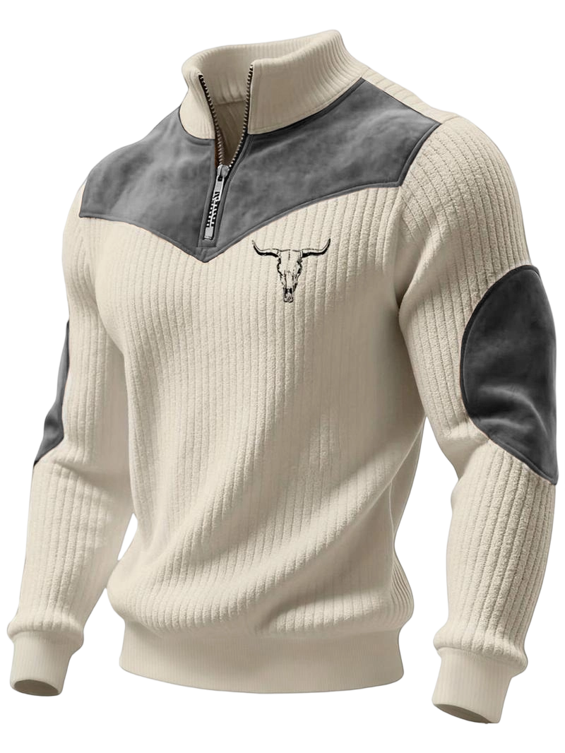 Men's Stand Collar Pullover Sweater, Autumn Winter Warm Half Zip Cow Head Print