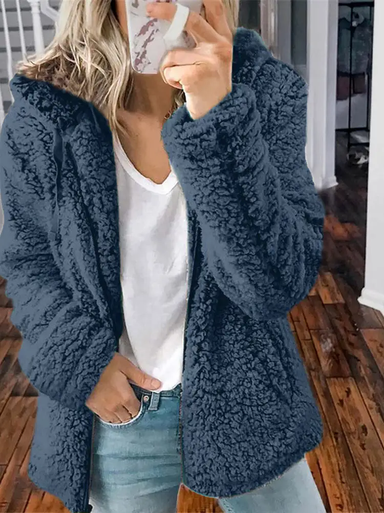 Women Causal Zipper Long Sleeve Hooded Teddy Coat Top