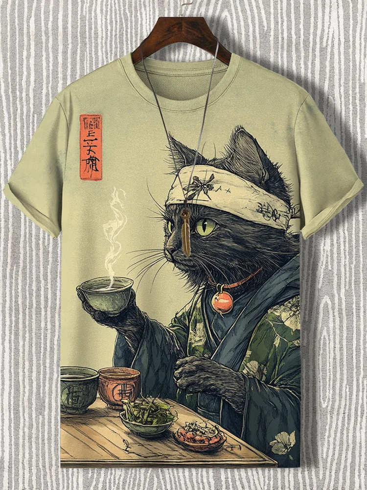Men's Cat Drinking Tea Japanese Tea Ceremony Art Print T-shirt