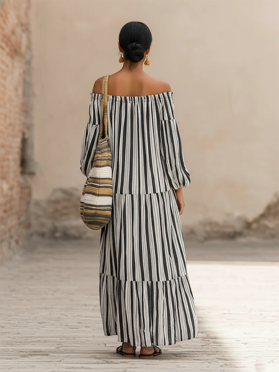 Casual Vacation Off-the-shoulder Striped Linen Dress
