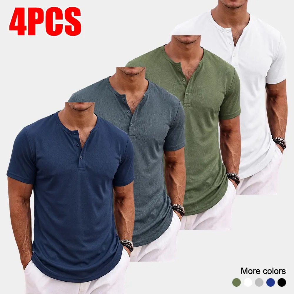 Men's Casual Short Sleeve Henley Shirt Breathable Button Placket Top