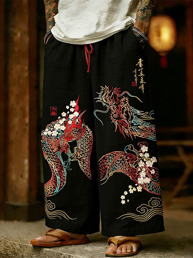 Men's Japanese Dragon And Cherry Blossoms Art Wide Leg Linen Pants
