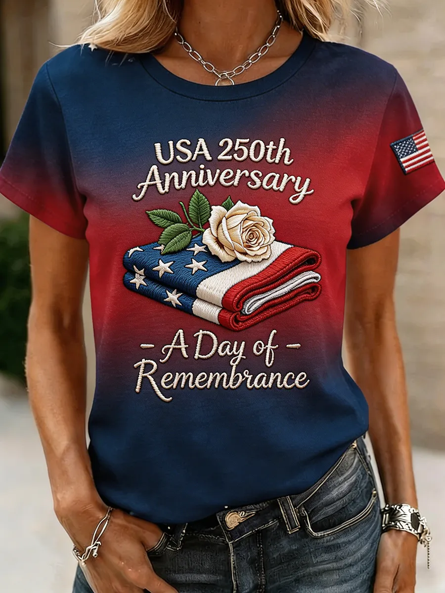 Women's USA 250th Anniversary A Day of Remembrance Flag & Rose Embroidered Gradient T-Shirt