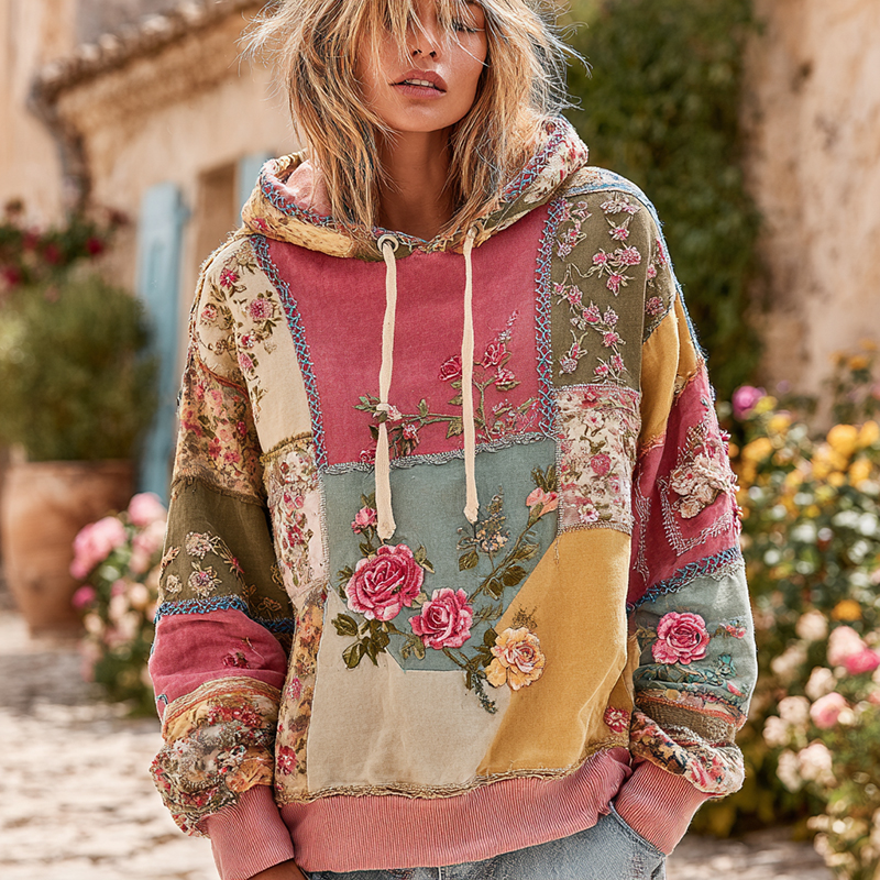 Vintage Rose Floral Patch Comfortable Warm Hoodie