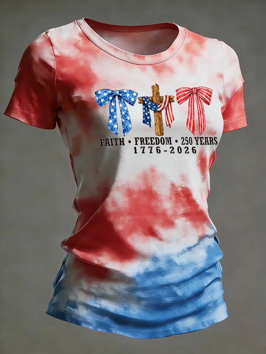 Faith Freedom Patriotic Cross American Flag Bow T-shirt