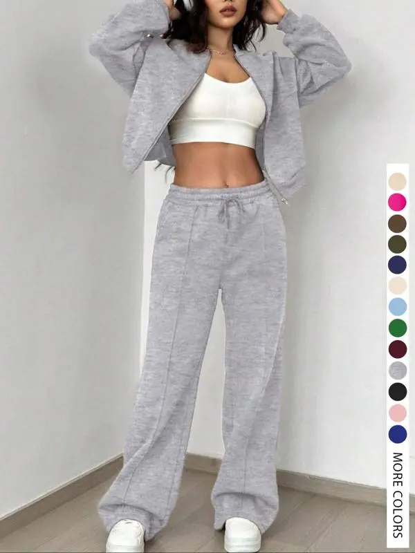 🔥Two-piece Set Women's Solid Zip Up Drop Shoulder Jacket & Pocket Elastic Waist Pants, Casual Fashion Cozy Breathable Two Piece Outfits for Daily Outdoor Wear, Ladies Clothes for All Seasons