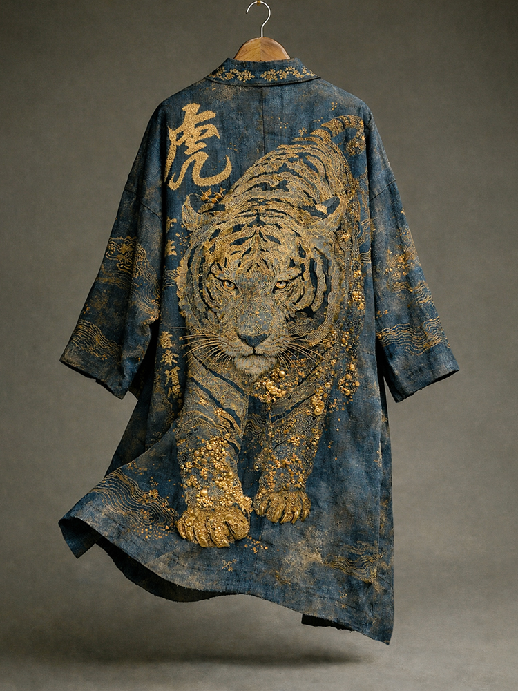 Retro Japanese Calligraphy Tiger Art Pattern Casual Linen Blend Kimono
