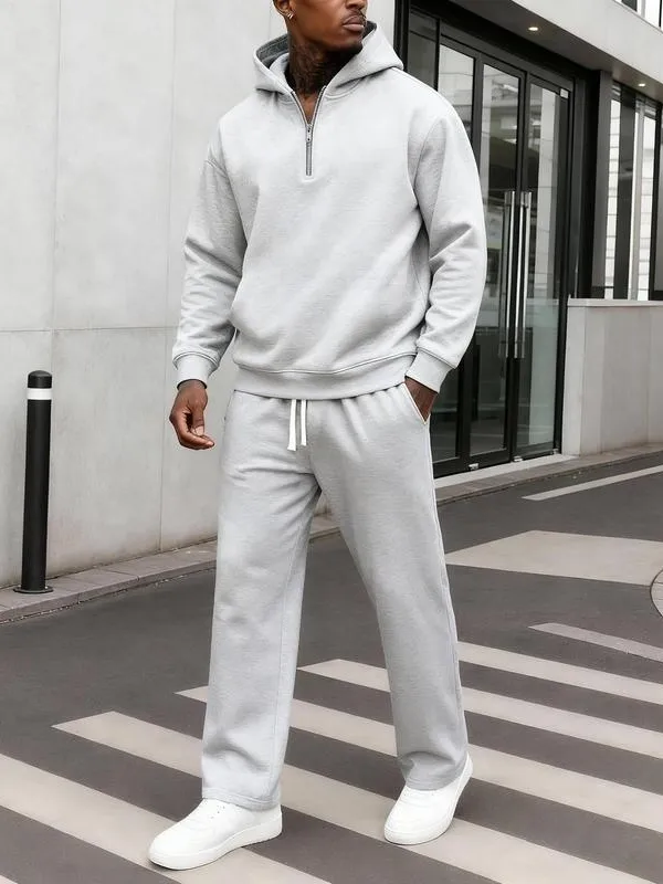 Men's Plain Two-piece Sweatsuit Set, Basic Regular Fit Casual Drop Shoulder Half Zip Hoodie & Pocket Drawstring Sweatpants