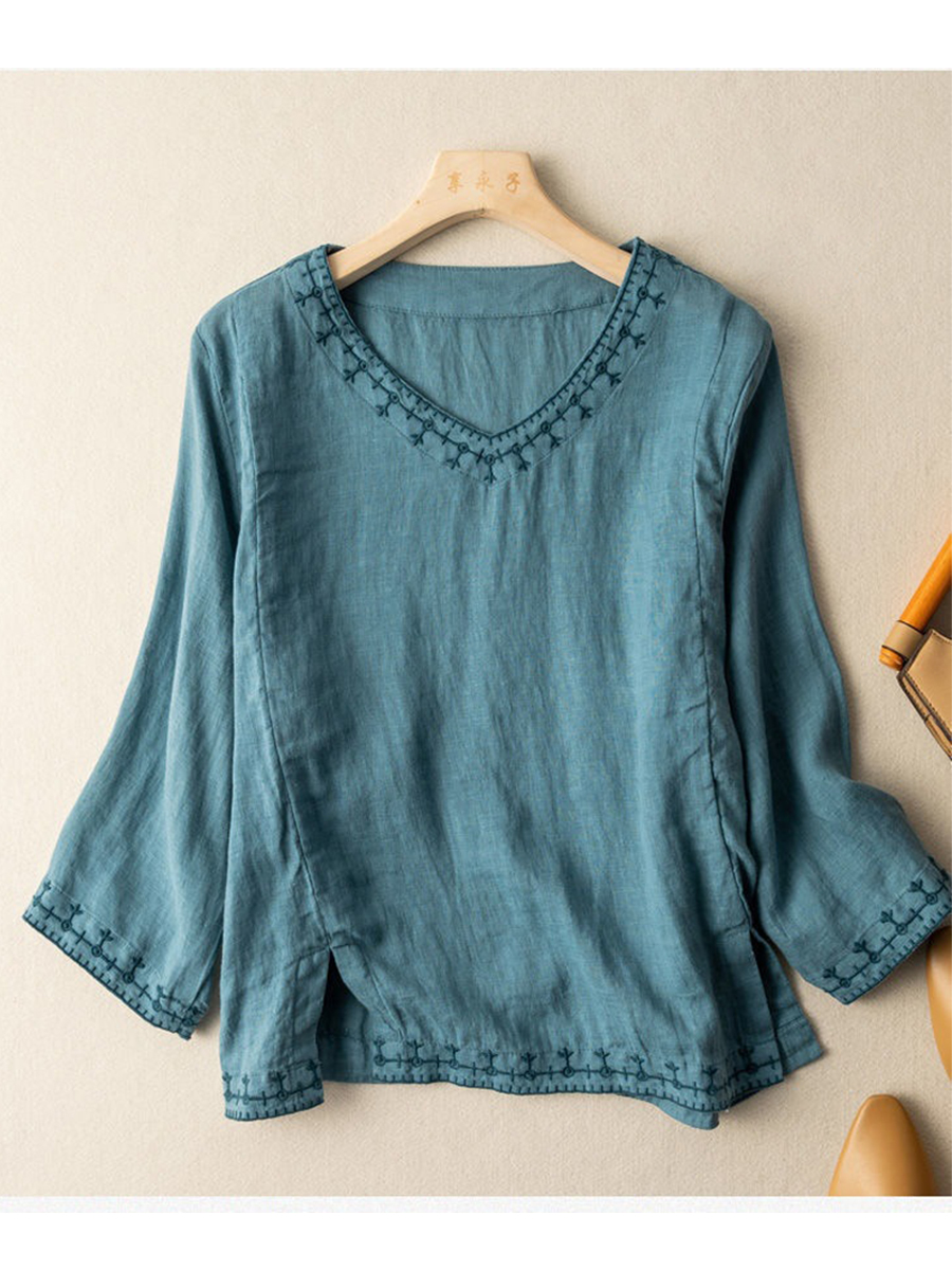 Women's Casual Cotton and Linen Embroidered Shirt