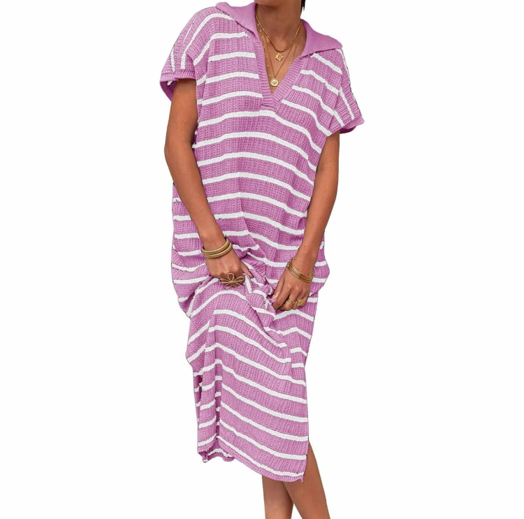 Women's Striped Summer Dress – V-Neck Short Sleeve Knit Collar Loose Maxi Dress with Slit