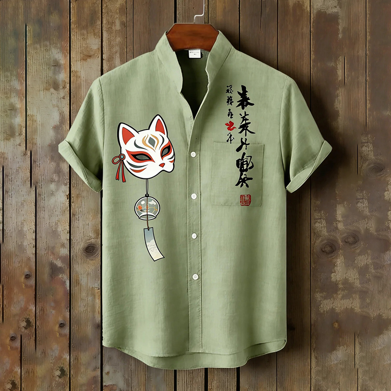 Men's Calligraphy Masks Japanese Art Print Short Sleeve Shirt